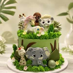 Jungle Friends safari buttercream cake with elephant, giraffe, lion and jungle animal decorations
