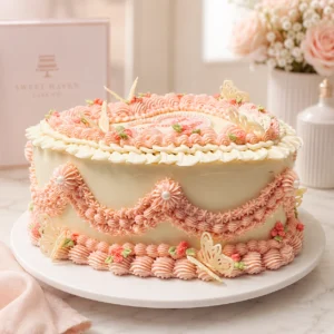 Designed with intricate buttercream swags, piped borders, delicate floral accents and charming butterfly details, Blush Romance makes a beautiful centrepiece for birthdays, anniversaries, engagements, bridal showers, romantic celebrations and other special occasions.