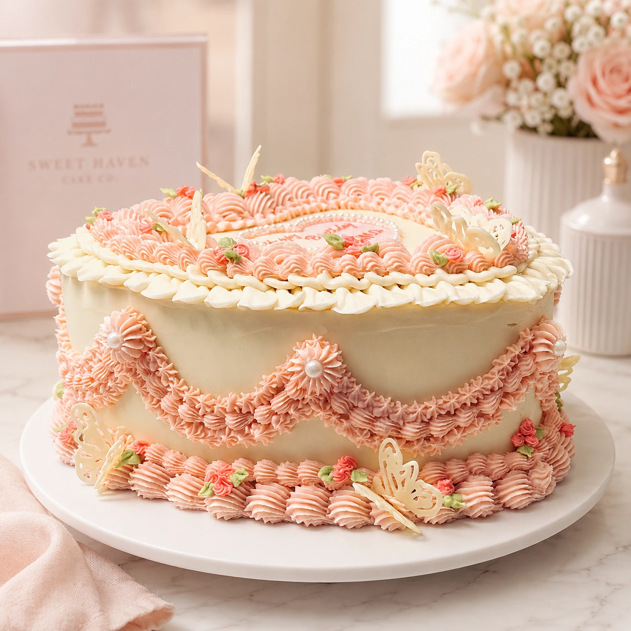 Designed with intricate buttercream swags, piped borders, delicate floral accents and charming butterfly details, Blush Romance makes a beautiful centrepiece for birthdays, anniversaries, engagements, bridal showers, romantic celebrations and other special occasions.