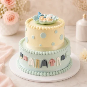 The design features delicate piped buttercream borders, soft polka-dot details, a charming miniature clothesline with tiny baby garments, and an adorable sleeping baby topper for a beautifully coordinated finish.