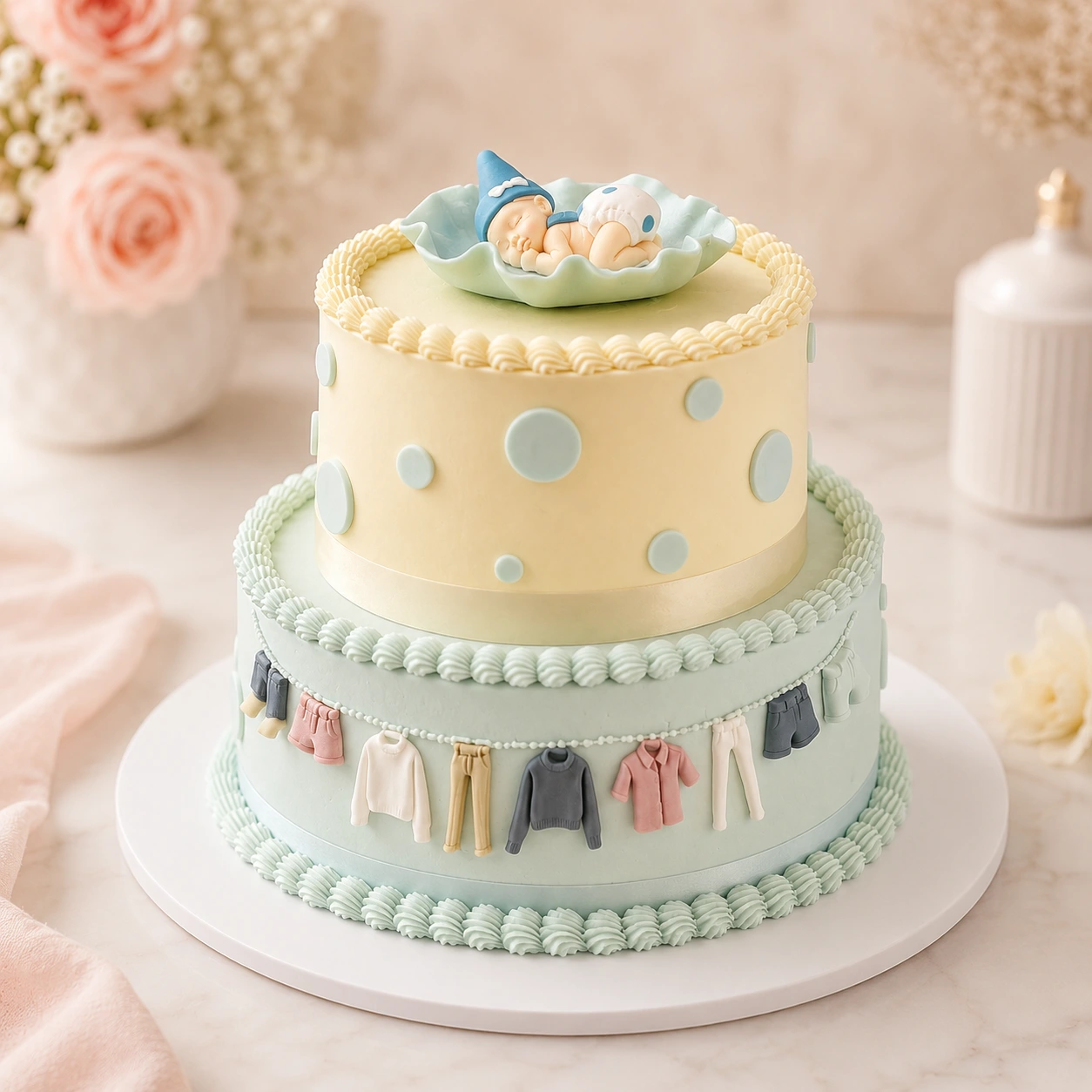 The design features delicate piped buttercream borders, soft polka-dot details, a charming miniature clothesline with tiny baby garments, and an adorable sleeping baby topper for a beautifully coordinated finish.