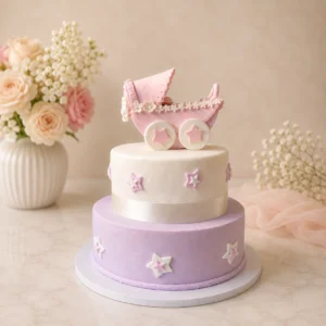 The cake features a smooth buttercream finish, delicate star decorations, a soft satin-style ribbon detail and an elegant pink baby carriage topper, creating a dreamy centrepiece for your celebration.